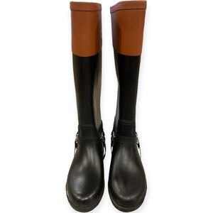 London Fog Womens 6 Rider Rain Boots Black Brown Rubber Adjustable Harness Strap